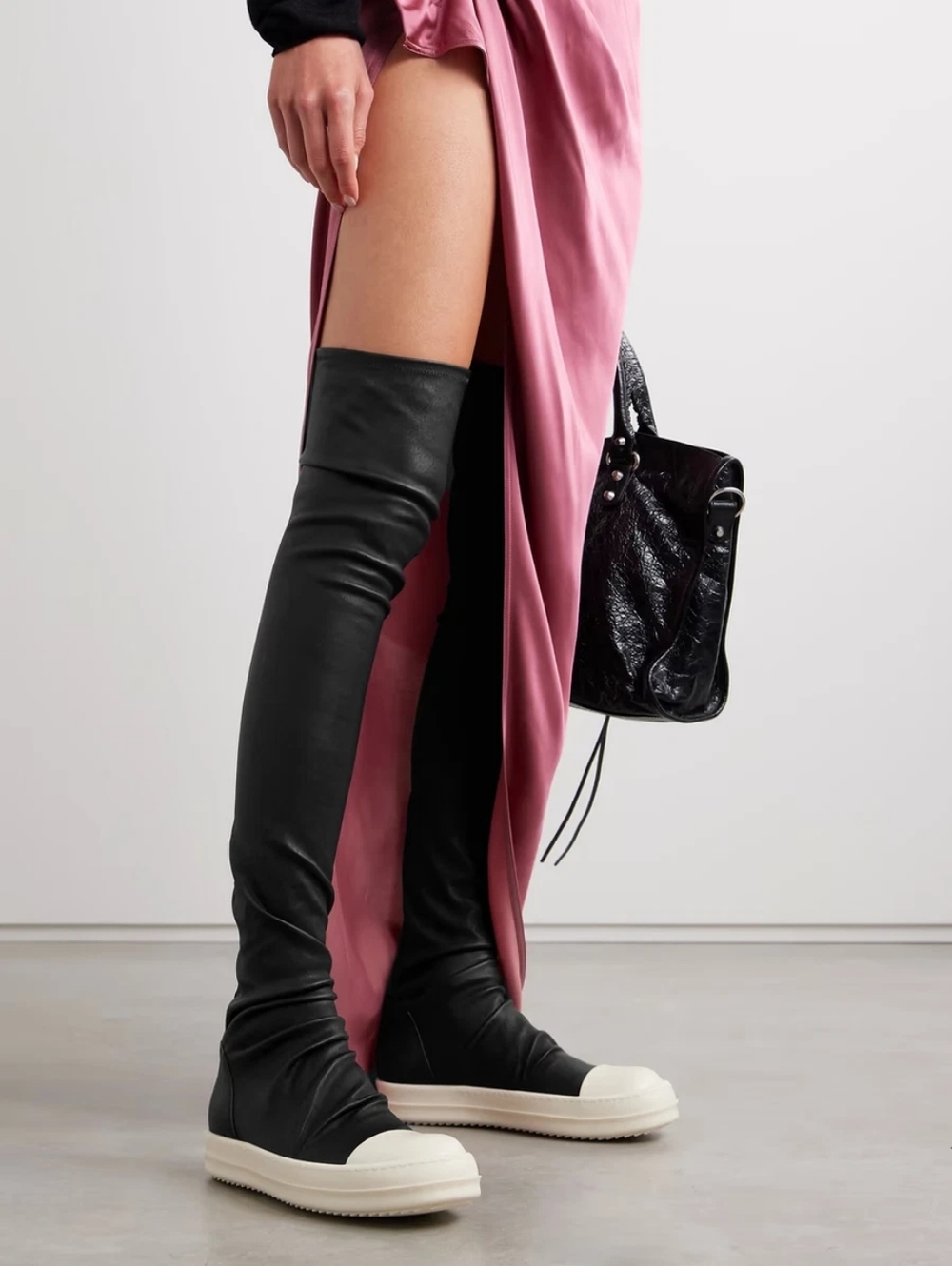 Rick Inspired Black Over-the-Knee Vegan Leather Sneaker Boots with White Soles